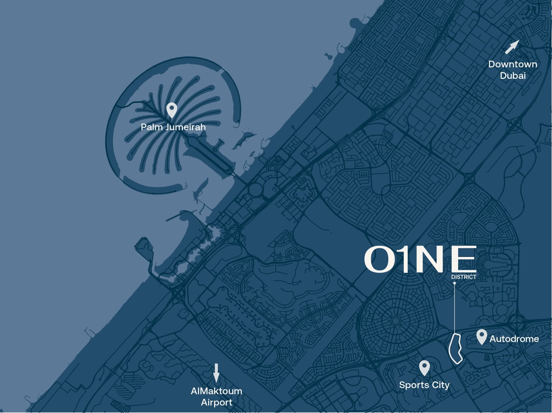 O1NE District location map — Motor City, Dubai, beside the Dubai Autodrome