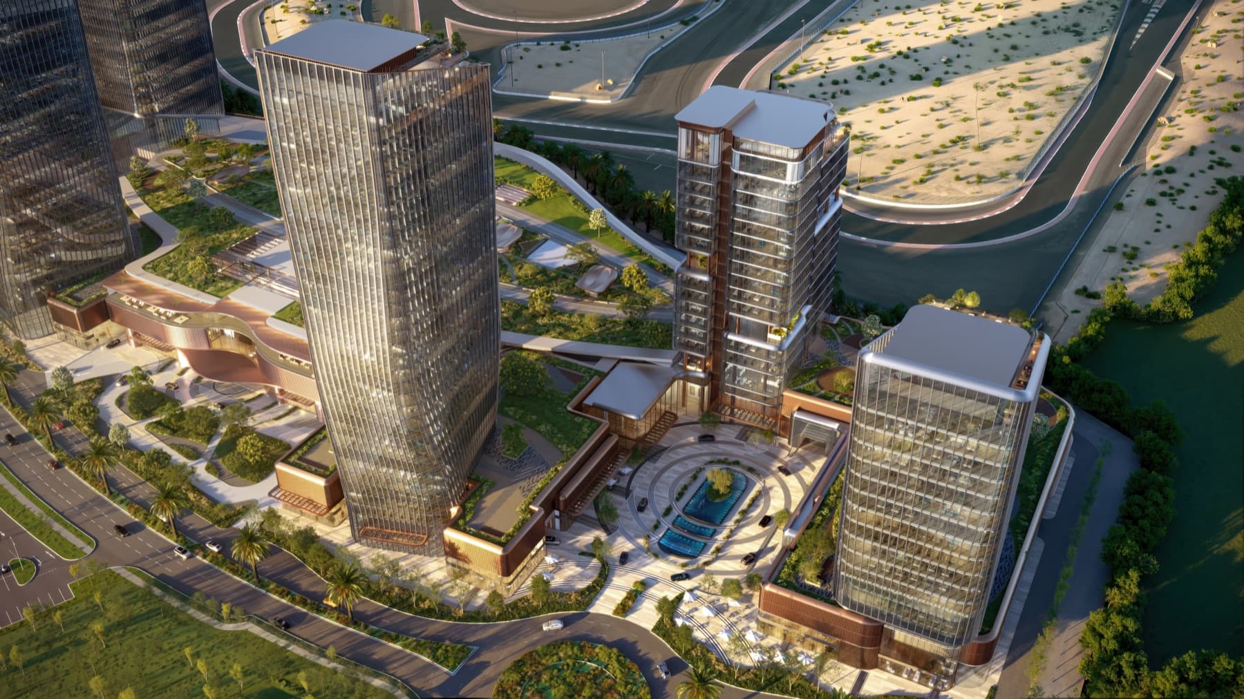 O1NE District masterplan aerial beside the Dubai Autodrome