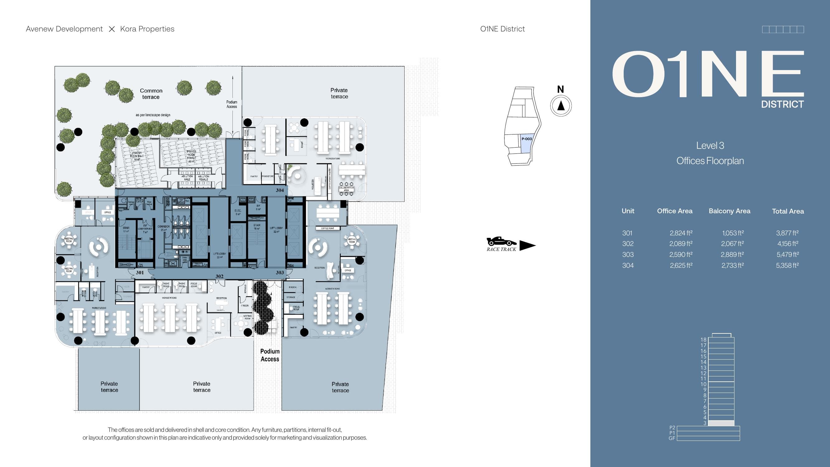 O1NE District DAWN — Level 3 offices floorplan with private terraces, Motor City Dubai